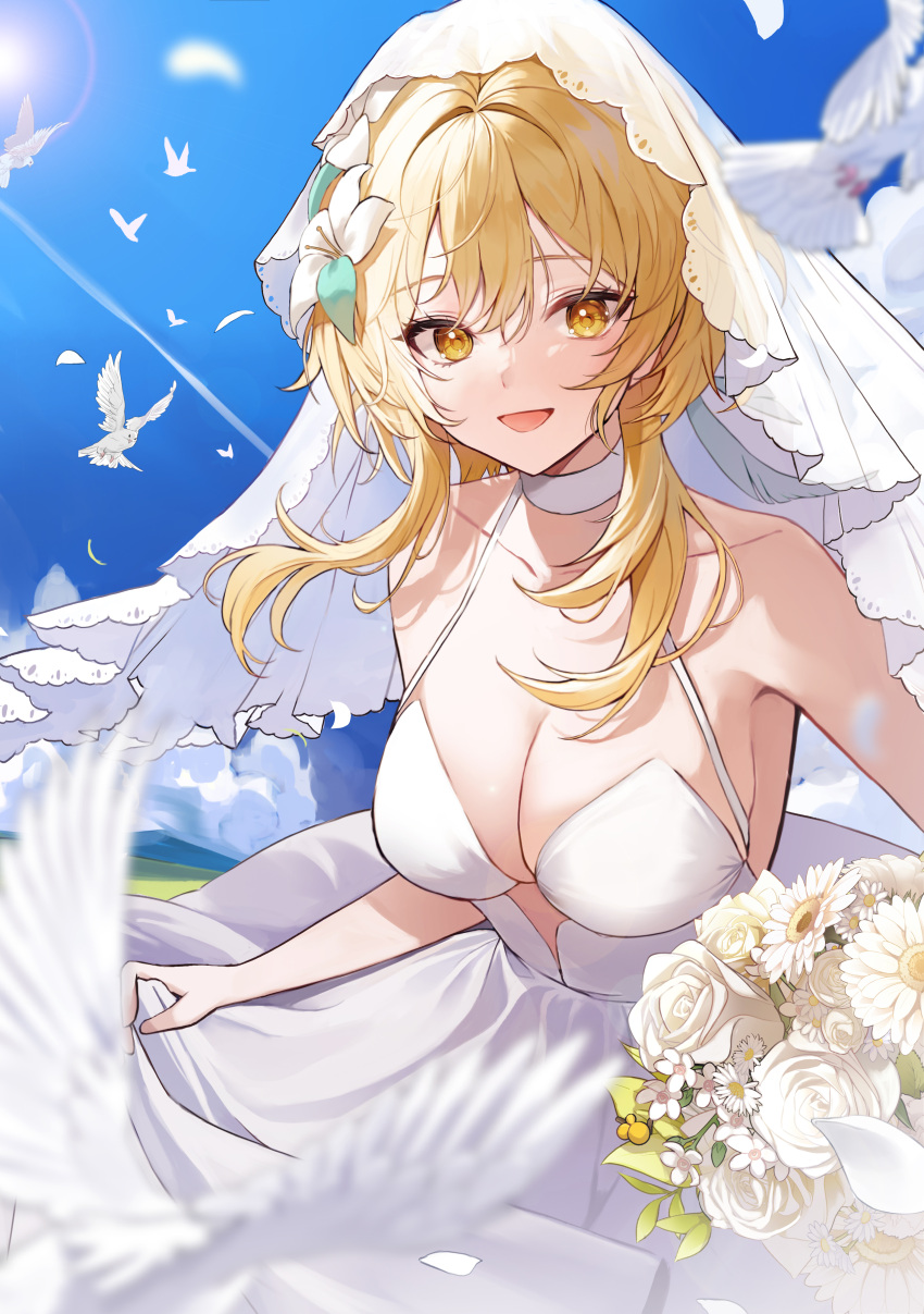 absurdres alternate_costume bare_shoulders bird blonde_hair bouquet breasts bridal_veil cleavage dress female floating_hair flower genshin_impact hair_between_eyes hair_flower hair_ornament highres holding holding_bouquet looking_at_viewer lumine_(genshin_impact) open_mouth outdoors short_hair_with_long_locks smile solo veil wedding_dress white_dress white_flower white_veil yellow_eyes yuna_(deadawon)