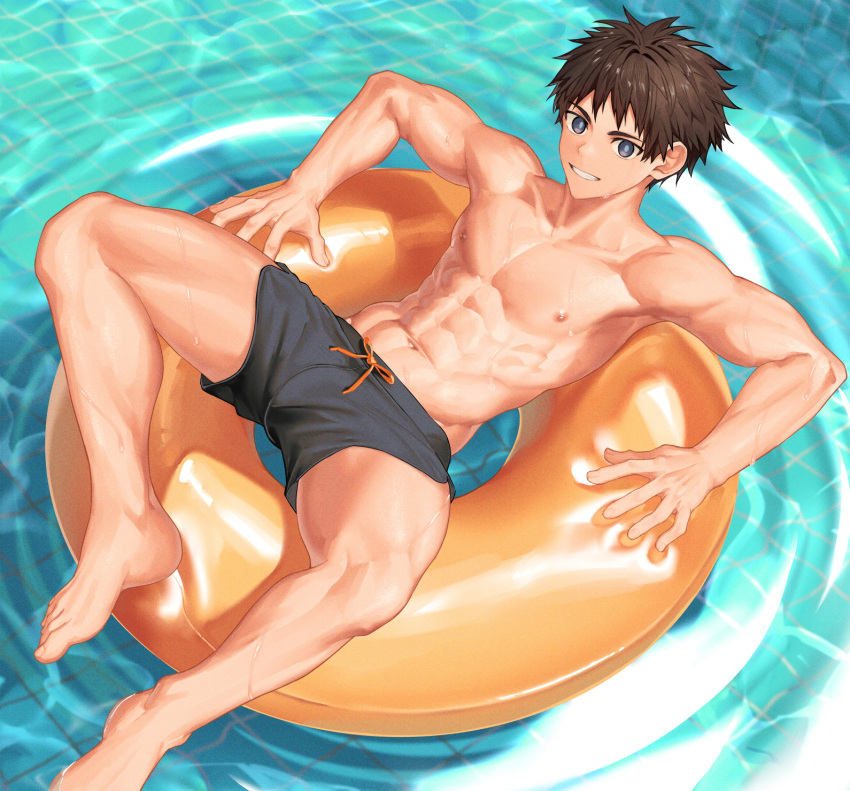 1boy abs arm_support barefoot black_male_swimwear blue_eyes brown_hair bulge caustics collarbone commentary_request crotch_seam day drawstring feet from_above grin highres innertube looking_at_viewer lying male_focus male_swimwear navel nayoshi_(r-744) nipples on_back on_innertube orange_innertube original outdoors paid_reward_available pectorals pool ripples short_hair smile solo spiked_hair spread_legs swim_ring swim_trunks toned toned_male variant_set wet