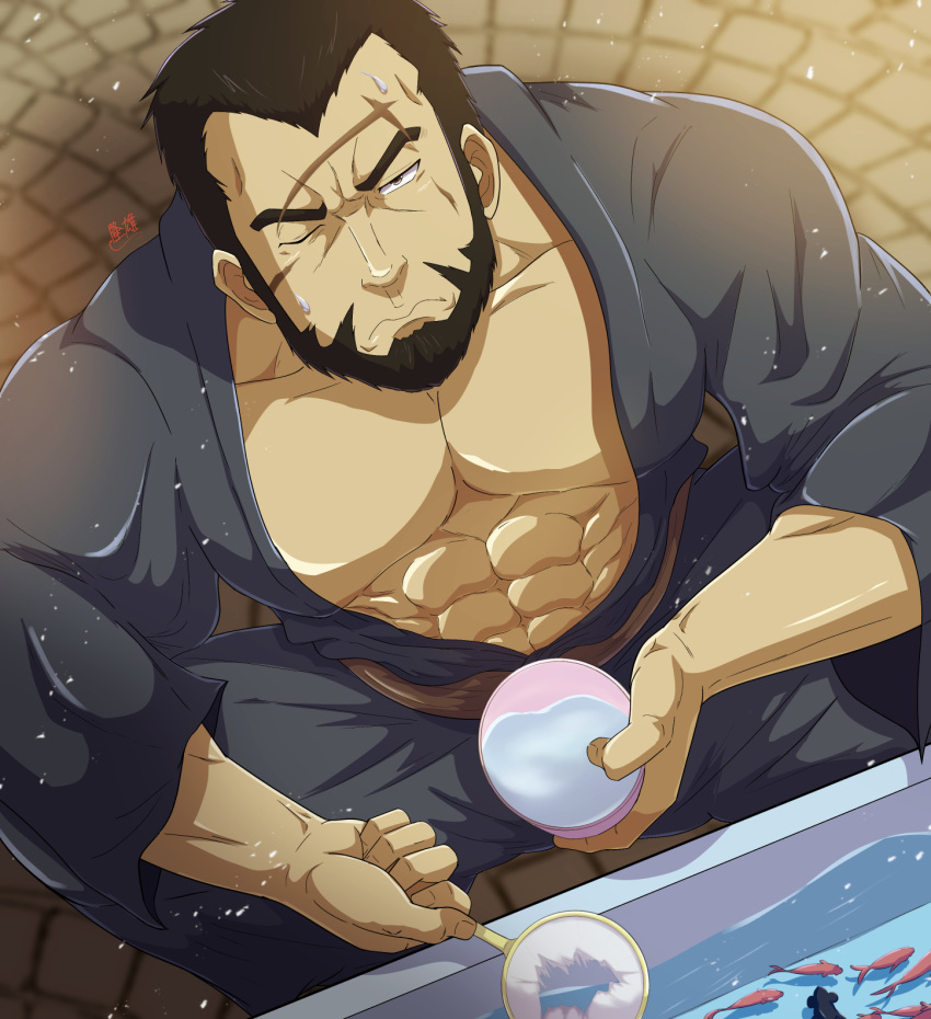 1boy abs bara bare_pectorals beard black_hair facial_hair fish goldfish_scooping highres holding japanese_clothes kimono large_pectorals looking_at_viewer male_focus mature_male muscular muscular_male open_clothes open_kimono pectorals scar scar_on_face short_hair signature summer_festival takao_oz vinland_saga wulf_(vinland_saga) yukata