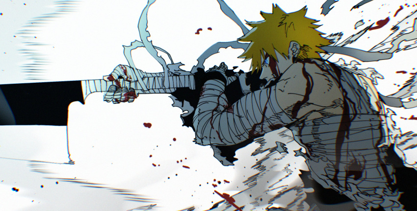 1boy bandaged_arm bandaged_hand bandages bleach blonde_hair blood blood_splatter blue_eyes chromatic_aberration covered_mouth film_grain floating_bandage floating_clothes from_side glowing glowing_eye hand_on_own_elbow highres holding holding_sword holding_weapon injury isaacchief300 kurosaki_ichigo leaning_forward male_focus muscular muscular_male profile shihakusho short_hair simple_background single_bare_shoulder solo speed_lines spiked_hair sword torn_clothes upper_body weapon white_background zangetsu_(shikai)