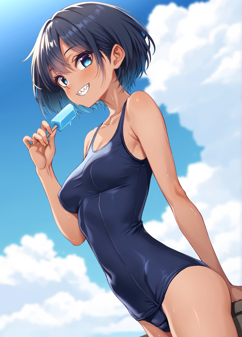 absurdres black_hair blue_eyes blue_one-piece_swimsuit blue_sky breasts clenched_teeth cloud commentary_request covered_navel day dosu_(doseven) female food highres holding holding_food holding_popsicle looking_at_viewer medium_breasts one-piece_swimsuit open_mouth original outdoors popsicle sharp_teeth short_hair sky smile solo swimsuit teeth upper_teeth_only variant_set