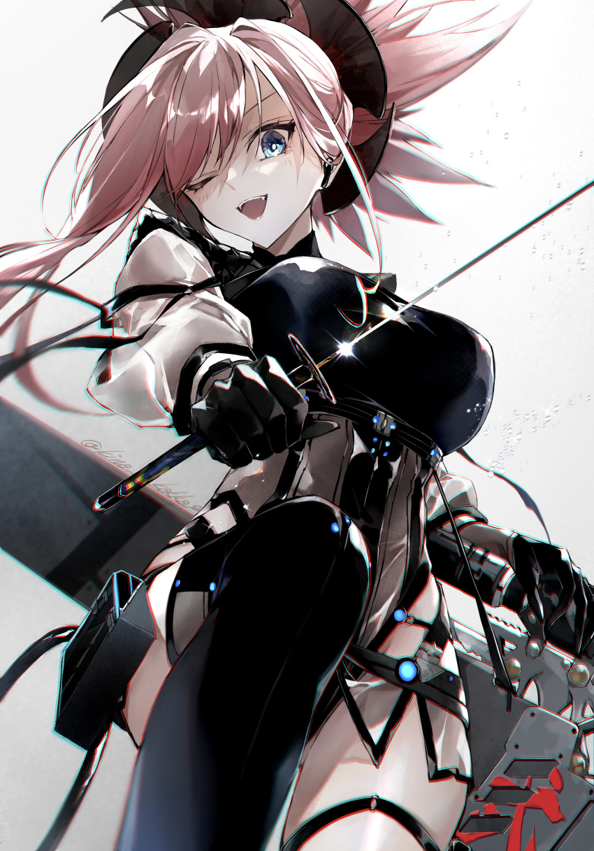 absurdres belt black_leotard blue_eyes breasts cleavage fate/grand_order fate_(series) female hair_ornament highres katana kino_kokko large_breasts leotard long_hair long_sleeves looking_at_viewer miyamoto_musashi_(fate) one_eye_closed open_mouth pink_hair ponytail smile solo swept_bangs sword thighhighs thighs weapon