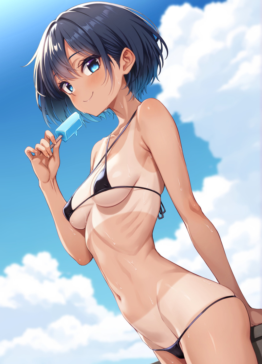 absurdres bikini black_bikini black_hair blue_eyes blue_sky breasts closed_mouth cloud commentary_request day dosu_(doseven) female food highres holding holding_food holding_popsicle looking_at_viewer medium_breasts navel original outdoors popsicle ribs short_hair sky smile solo swimsuit tan tanlines variant_set