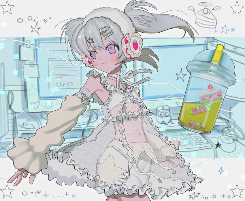 cake cake_slice closed_mouth detached_sleeves dress female food grey_hair hair_ornament hairclip highres medium_hair neck_ribbon original pink_eyes poin_(goruchopame) ribbon see-through see-through_dress sleeves_past_wrists smile solo star_(symbol) star_hair_ornament twintails white_ribbon white_sleeves