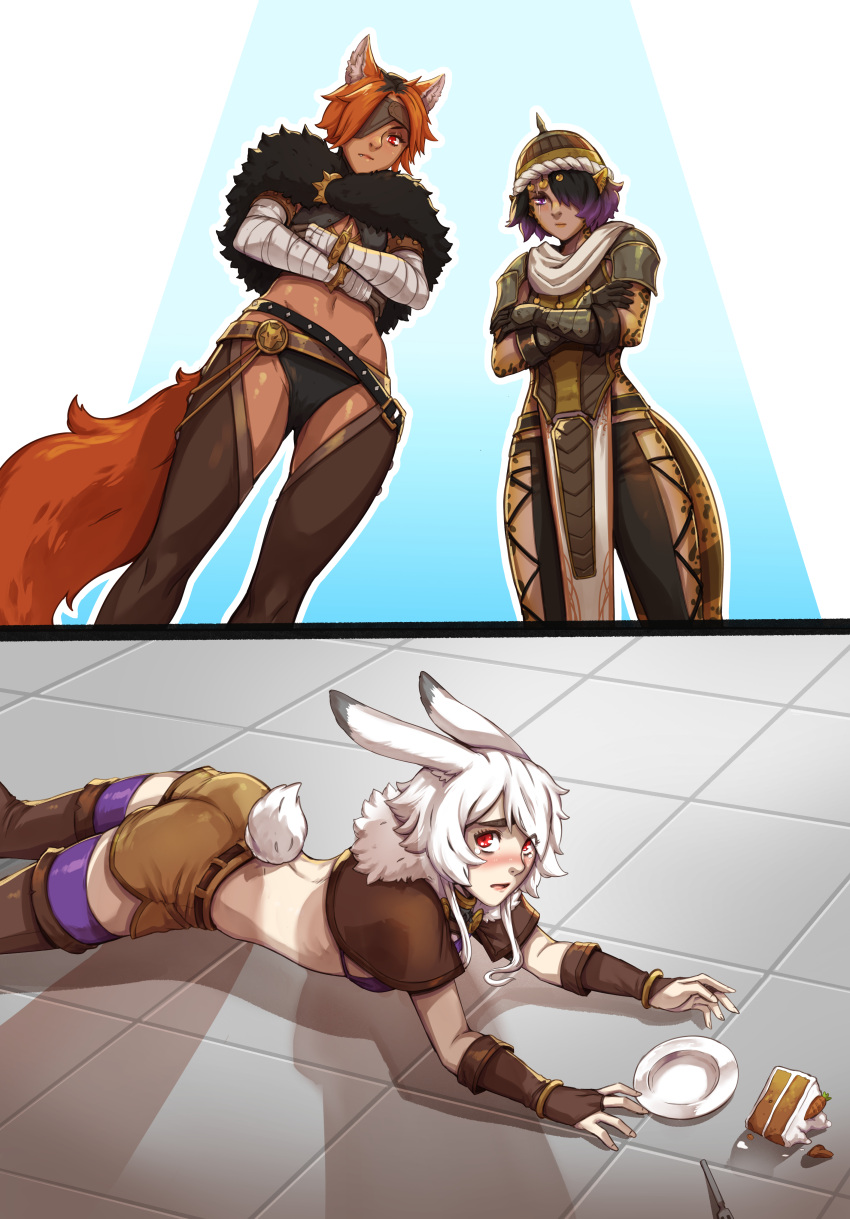 3girls absurdres animal_ears apu_spills_his_tendies_(meme) artist_name bandaged_arm bandages black_panties blush brown_capelet brown_footwear brown_gloves brown_shorts bunny_(d-rex) cake cake_slice capelet d-rex dark-skinned_female dark_skin food fork fox_ears fox_girl fox_tail fur_capelet gloves griselda_(genis94) helmet highres looking_at_viewer looking_down lying manoela_(genis94) meme multiple_girls navel on_stomach orange_hair original panties plate purple_thighhighs rabbit_ears rabbit_girl rabbit_tail red_eyes short_hair shorts shoulder_plates tail thighhighs underwear white_hair