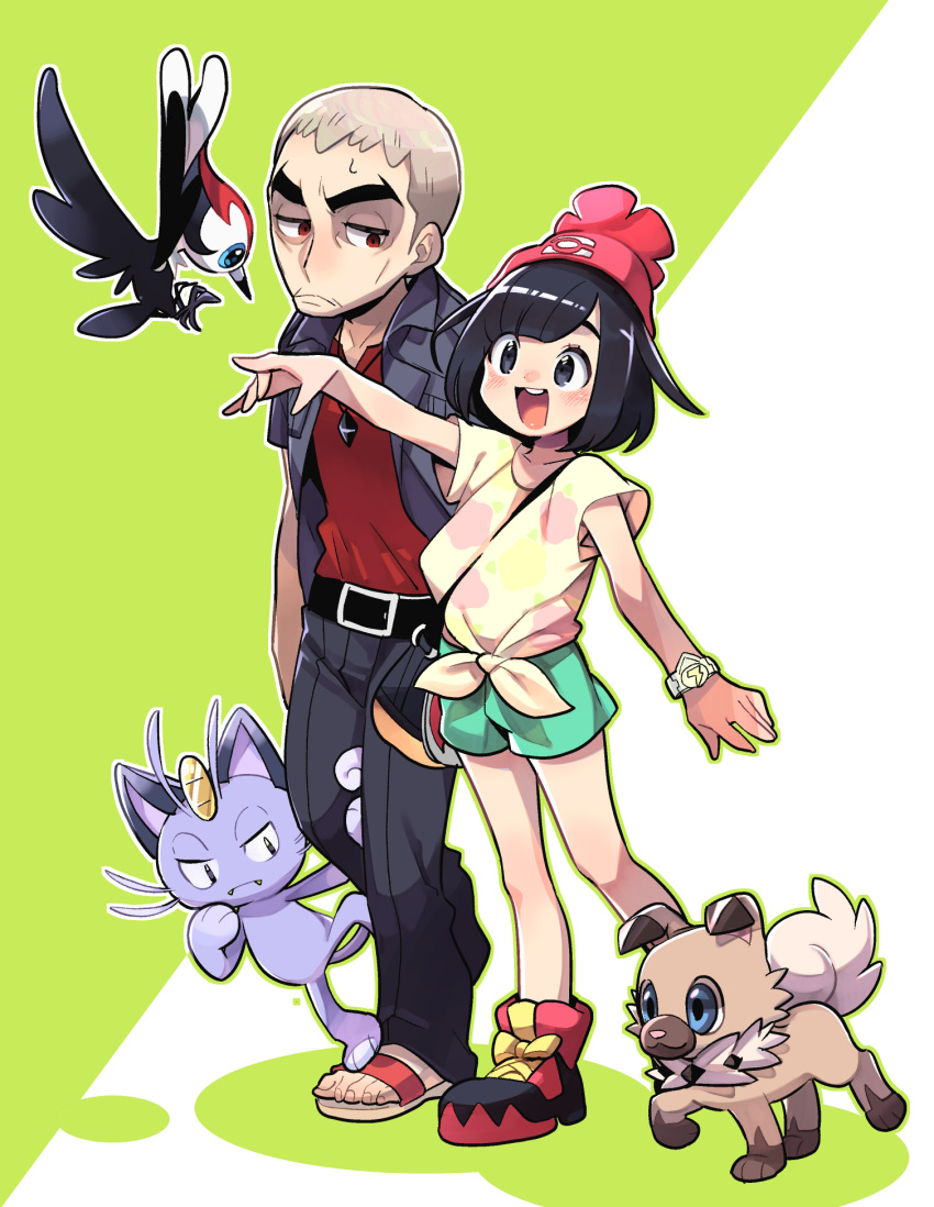 1boy alolan_meowth beanie black_eyes black_hair blush bracelet commentary_request female grey_hair hat highres jewelry mitsuya_bonjin nanu_(pokemon) open_clothes open_shirt pikipek pokemon pokemon_(creature) pokemon_sm red_eyes rockruff sandals selene_(pokemon) shirt shoes short_hair shorts smile sneakers thick_eyebrows tied_shirt