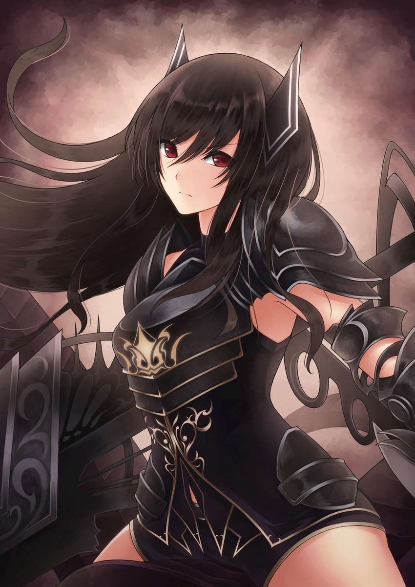 >:) absurdres armor brown_hair closed_mouth commentary_request dragon dragon_riding dual_wielding female forte_(shingeki_no_bahamut) from_side gauntlets highres holding holding_weapon horns long_hair looking_at_viewer meshida_(lux-far-accelerator) pauldrons red_eyes riding serious shadowverse shingeki_no_bahamut shoulder_armor sidelocks smile upper_body v-shaped_eyebrows weapon