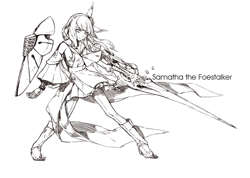 boots character_name commentary_request detached_sleeves female full_body hairband highres looking_at_viewer lowlight_kirilenko mechanical_arms monochrome photoshop_(medium) polearm samatha_(terra_battle) shield simple_background single_mechanical_arm solo spear standing terra_battle weapon white_background