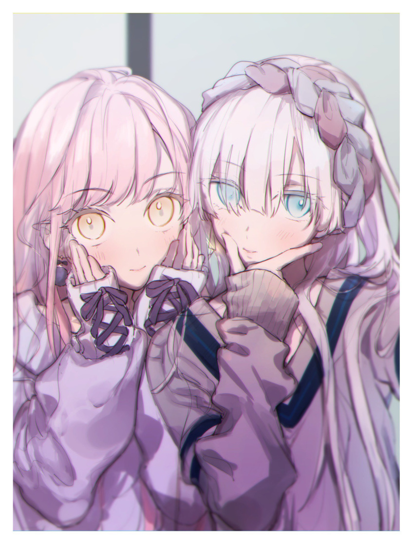 2girls alternate_costume anastasia_(fate) ashita_kura blue_eyes blush commentary earrings eyes_visible_through_hair fate/grand_order fate_(series) hair_between_eyes hair_over_one_eye hairband hands_on_own_cheeks hands_on_own_face highres jewelry long_hair long_sleeves looking_at_viewer medb_(fate) multiple_girls pink_hair selfie sidelocks smile sweater symbol-only_commentary white_hair yellow_eyes