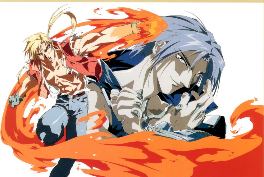 2boys 90s battle blonde_hair fatal_fury fight fighting laocorn_gaudeamus multiple_boys muscle official_art oobari_masami silver_hair terry_bogard