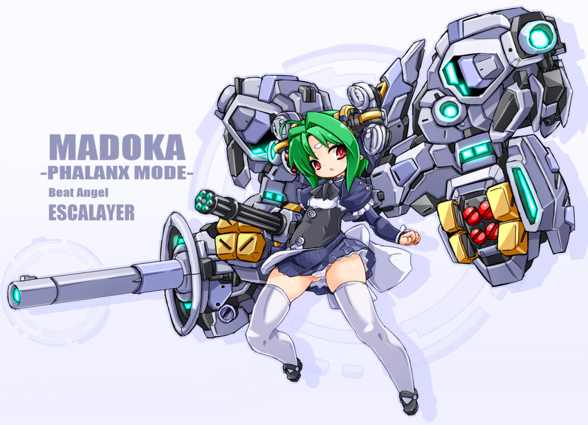 beat_angel_escalayer black_footwear black_skirt character_name commentary_request copyright_name facial_mark female forehead_mark frills full_body green_hair highres juliet_sleeves karukan_(monjya) kouenji_madoka long_sleeves looking_at_viewer mecha_musume miniskirt pleated_skirt puffy_sleeves red_eyes robot shoes short_hair skirt solo thighhighs white_thighhighs