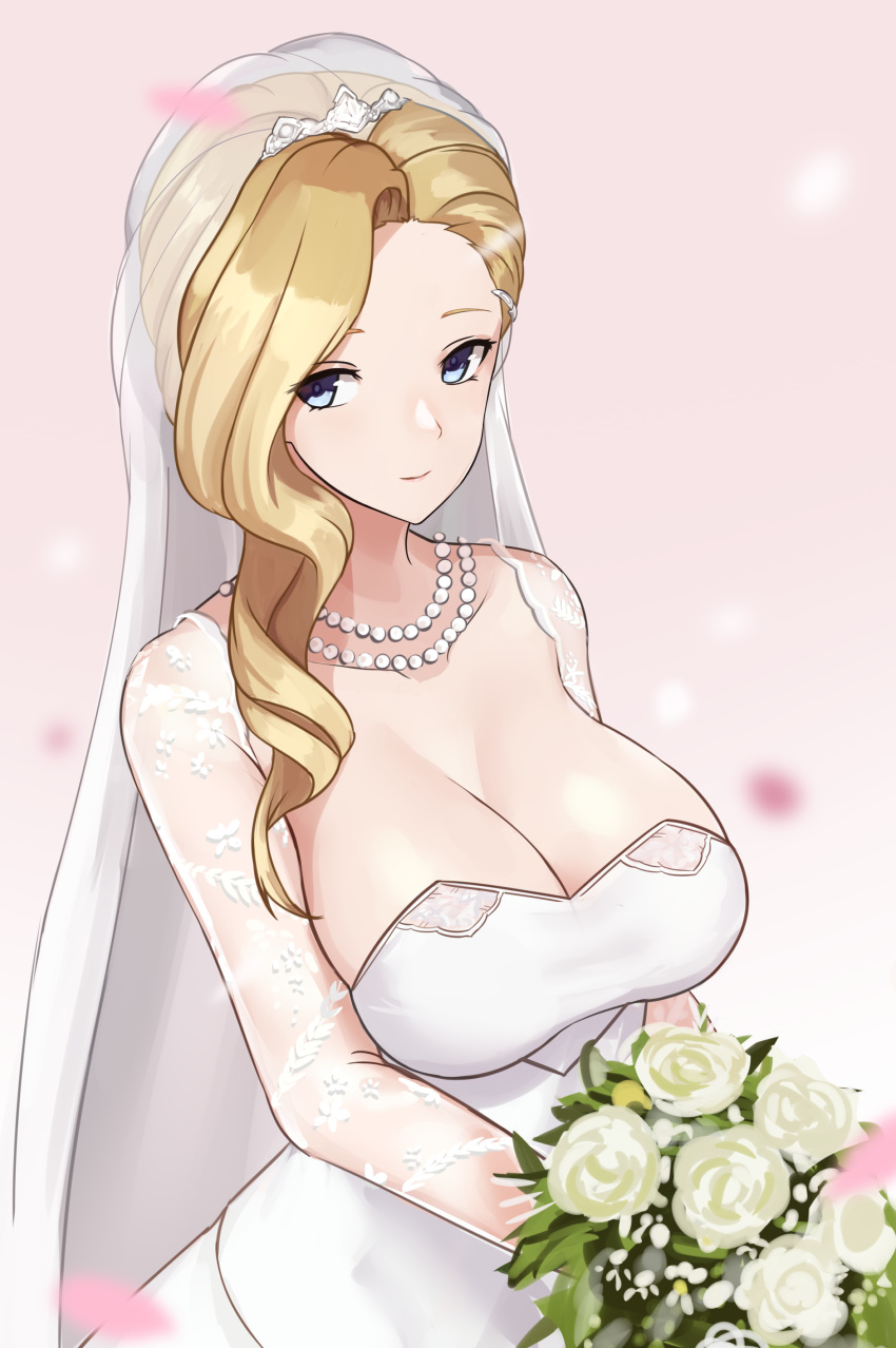 absurdres azur_lane blonde_hair blue_eyes bouquet breasts bridal_veil bride cleavage closed_mouth collarbone commentary_request curly_hair dress female flower highres holding holding_flower hood_(azur_lane) hood_(rosey_love_poem)_(azur_lane) jewelry large_breasts light_smile long_hair looking_at_viewer necklace official_alternate_costume rose see-through simple_background solo upper_body veil wedding wedding_dress white_flower zukanosuke