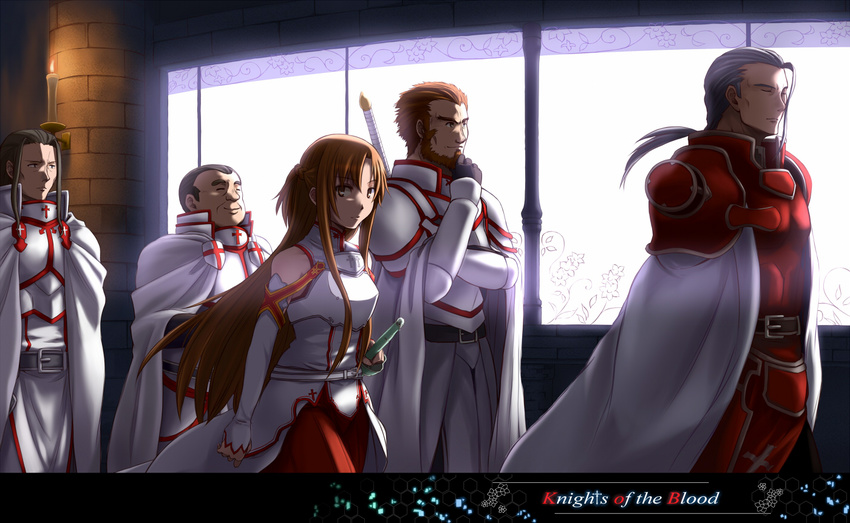 4boys armor asuna_(sao) bare_shoulders beard black_hair body_armor brown_eyes brown_hair cape commentary_request detached_sleeves english_text facial_hair female godfrey_(sao) heathcliff_(sao) knight kuradeel long_hair multiple_boys orange_hair red_armor red_eyes short_hair sword sword_art_online thighhighs walking warrior weapon white_armor white_cape window yuugure