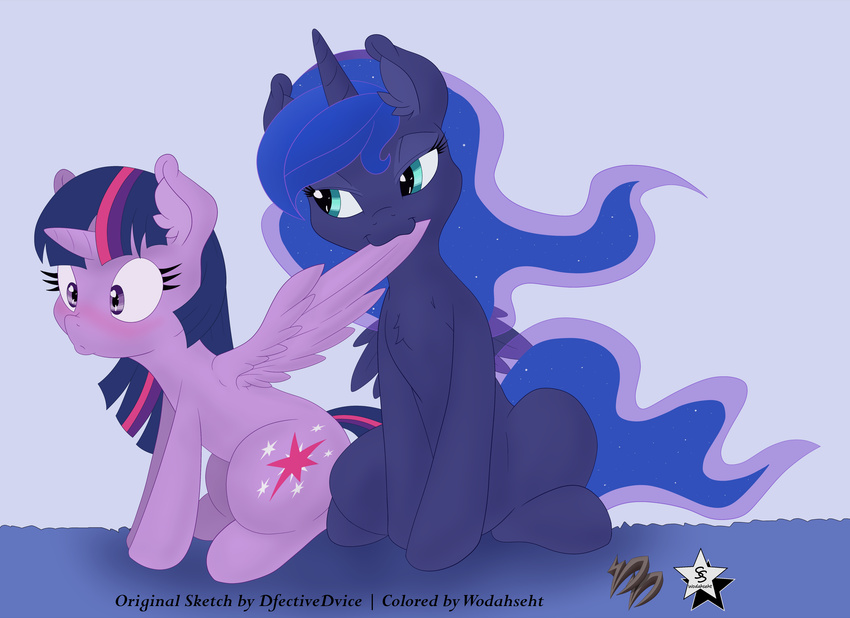 2015 absurd_res alicorn allopreening bite blue_body blue_fur blue_hair blush cutie_mark dfectivedvice duo equid equine feather_preening feathered_wings feathers female feral friendship_is_magic fur hair hasbro hi_res horn long_hair mammal multicolored_hair my_little_pony mythological_creature mythological_equine mythology personal_grooming pink_blush princess_luna_(mlp) purple_body purple_eyes purple_fur purple_hair simple_background social_grooming teal_eyes twilight_sparkle_(mlp) two_tone_hair wings wodahseht