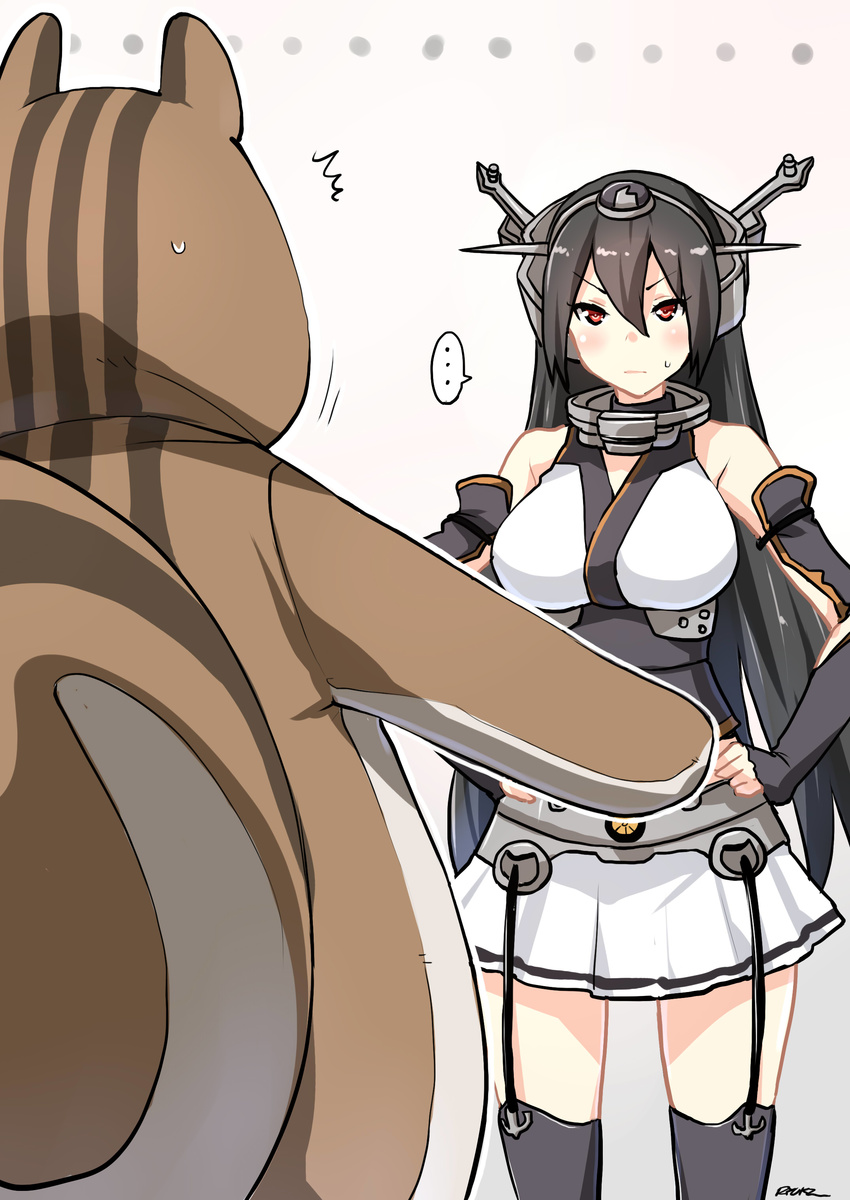 ... :| ^^^ absurdres animal_costume black_hair breasts closed_mouth commentary costume female headgear highres kantai_collection large_breasts long_hair looking_at_viewer miniskirt nagato_(kancolle) navel pleated_skirt red_eyes ryuki_(ryukisukune) skirt squirrel squirrel_costume sweat thighhighs v-shaped_eyebrows zettai_ryouiki