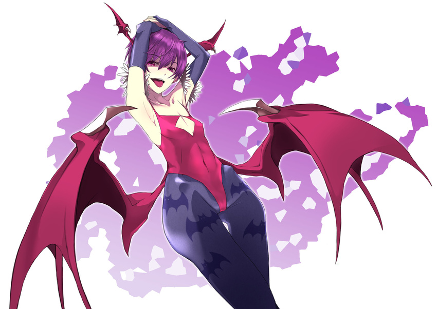 animal_print bad_id bad_pixiv_id bare_shoulders bat_print bat_wings bridal_gauntlets commentary_request demon_girl diamond_cutout female flat_chest head_wings highres kon_(kdash) leotard lilith_aensland pantyhose photoshop_(medium) print_pantyhose purple_eyes purple_hair red_leotard short_hair solo tongue vampire_(game) wings