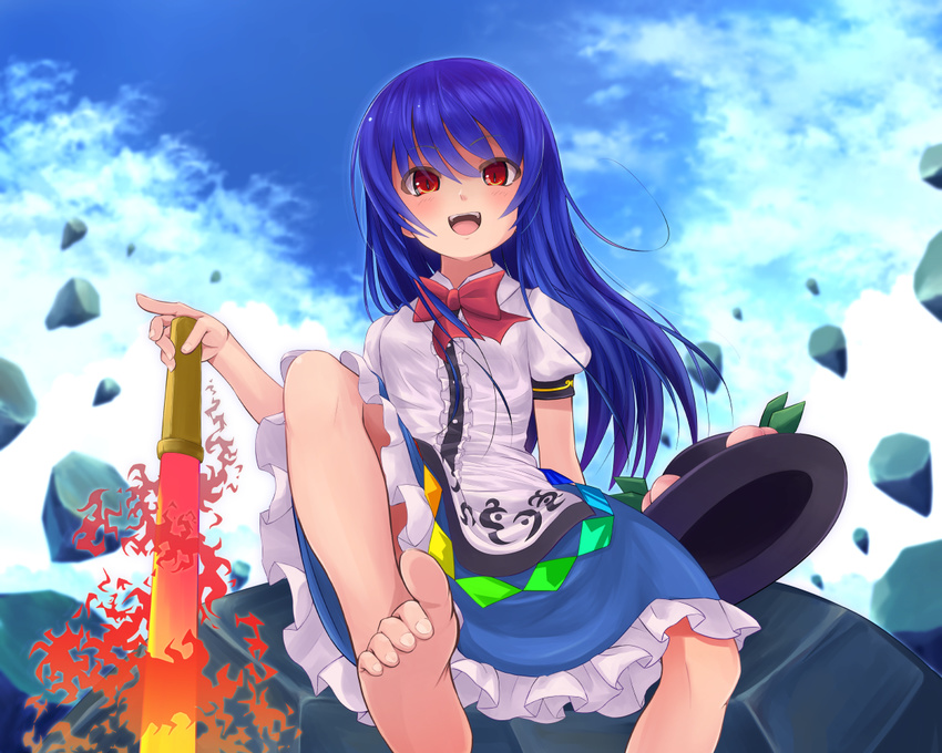 bad_id bad_pixiv_id barefoot blue_hair dress feet female floating_rock food fruit hat hinanawi_tenshi long_hair looking_at_viewer nekomiyanono peach red_eyes smile solo sword_of_hisou toe-point touhou unworn_hat unworn_headwear