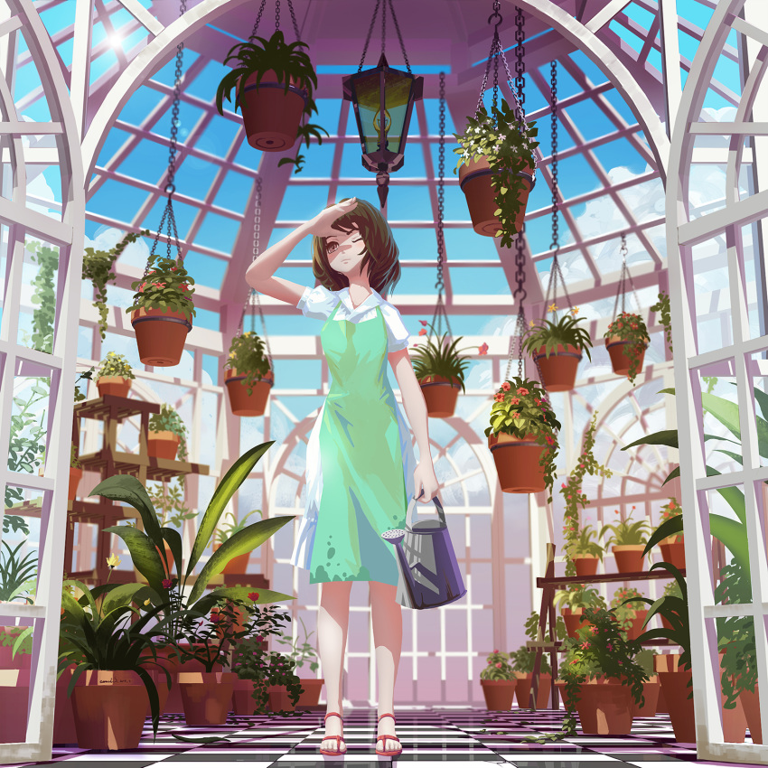 apron arch arm_up blue_sky brown_eyes brown_hair checkered_floor commentary_request conservatory day dome doorway dress female florist green_apron greenhouse hanging_plant highres indoors lantern medium_dress medium_hair one_eye_closed open_door original ost02 photoshop_(medium) plant potted_plant puffy_short_sleeves puffy_sleeves sandals shading_eyes short_sleeves sky solo standing watering_can white_dress window zanshomimai