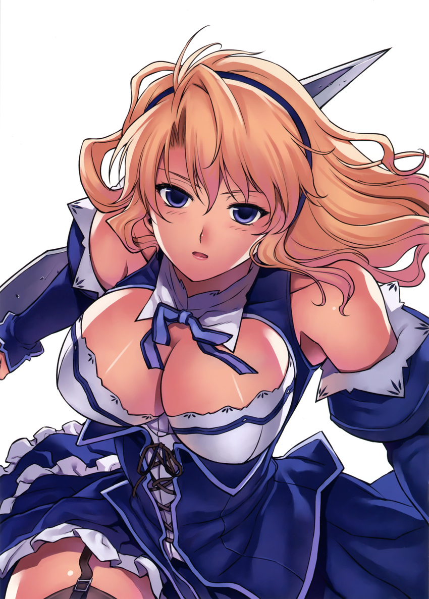 absurdres bare_shoulders black_thighhighs blonde_hair blue_eyes blush bow breasts cleavage cleavage_cutout clothing_cutout detached_sleeves dress female freezing_(series) garter_straps hairband highres kim_kwang_hyun large_breasts long_hair long_sleeves looking_at_viewer no_bra official_art open_mouth satellizer_el_bridget scan solo sword thighhighs weapon