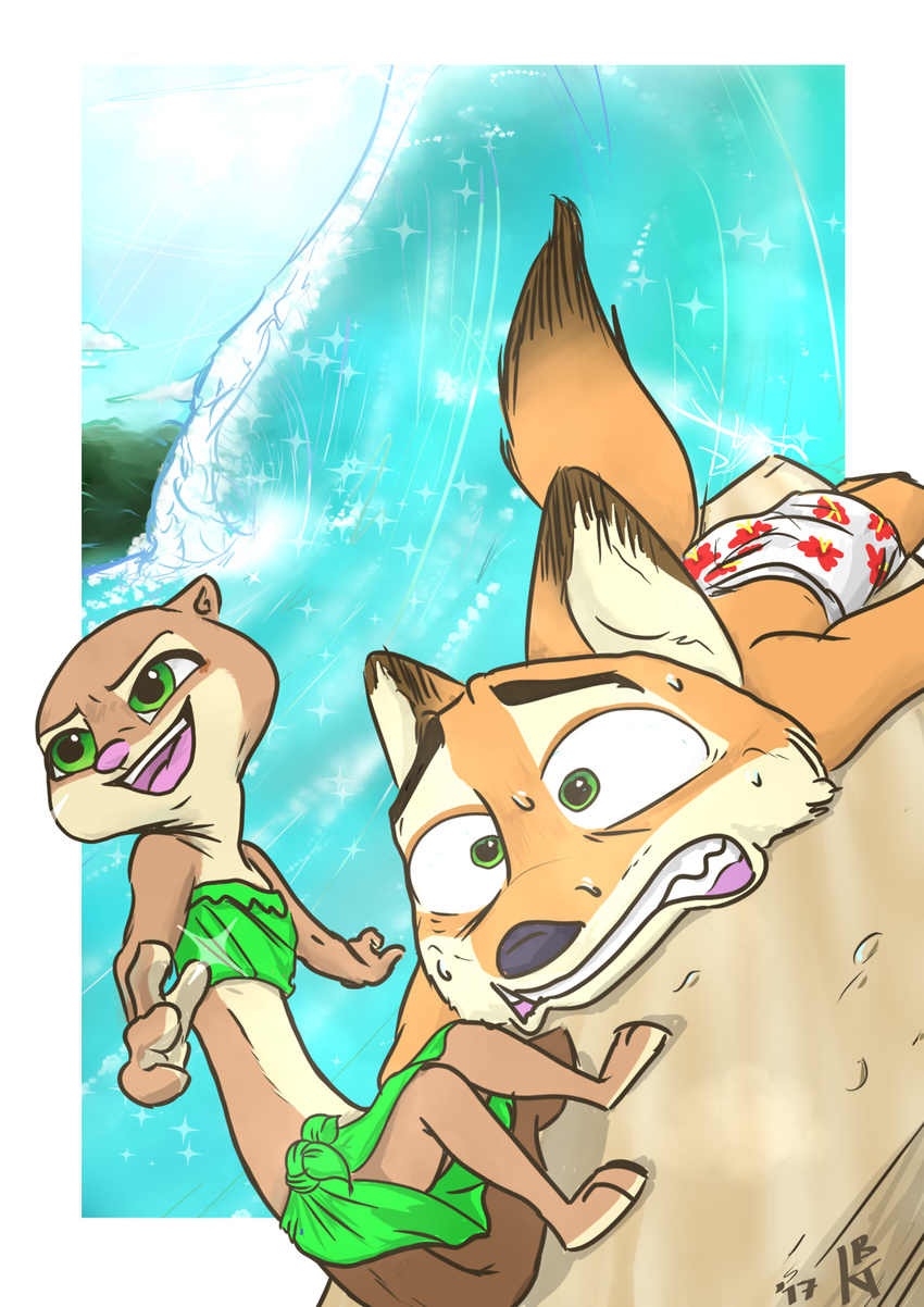 2017 anthro bodily_fluids canid canine clothed clothing cloud disney duo female fox fur grass_skirt green_eyes hi_res ittybittykittytittys kris_(zootopia) lying male mammal mustelid nick_wilde on_front open_mouth open_smile otter scared size_difference sky smile standing summer surfboard surfing sweat sweatdrop vehicle water watercraft wave zootopia