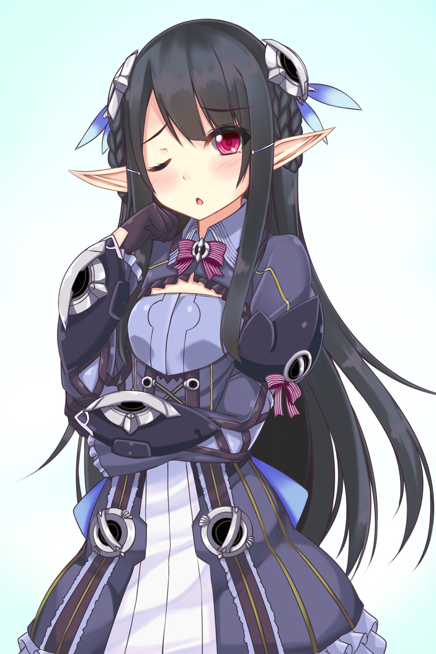 anette_(pso2) black_hair braid cleavage_cutout clothing_cutout commentary_request cowboy_shot female frilled_sleeves frills gloves gradient_background hair_ornament highres long_hair one_eye_closed open_mouth phantasy_star phantasy_star_online_2 pointy_ears red_eyes sogaya solo