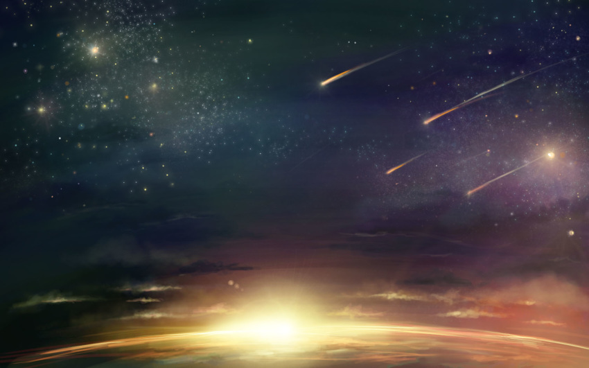 cloud cloudy_sky commentary_request earth_(planet) highres leona_(yun_laurant) night night_sky no_humans original outdoors photoshop_(medium) planet shooting_star sky space star_(sky) starry_sky stratosphere sun sunlight twilight