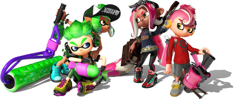 .52_gal_(splatoon) 2boys 2girls 3d dark_skin frown head_scarf headphones inkling inkling_boy inkling_girl inkling_player_character looking_at_another multiple_boys multiple_girls octobrush_(splatoon) octoling octoling_boy octoling_girl octoling_player_character official_art pointy_ears sitting smile splat_roller_(splatoon) splatoon_(series) splatoon_2 splattershot_(splatoon) tan tentacle_hair transparent_background weapon