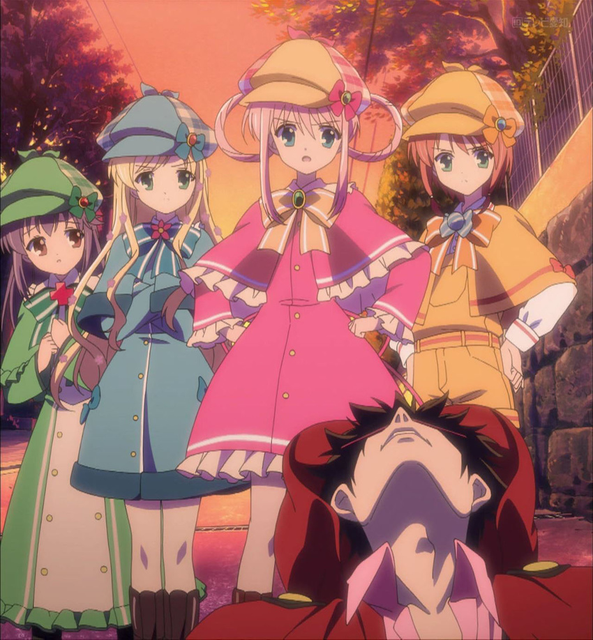 1boy 4girls anime_screenshot aqua_eyes blonde_hair boots cloud cordelia_glauca detective futari_wa_milky_holmes green_eyes hands_on_own_hips hat hercule_barton highres long_hair multiple_girls pantyhose photoshop_(medium) pink_hair purple_hair red_eyes red_hair sherlock_shellingford short_hair sky sunset tantei_opera_milky_holmes yuzurizaki_nero