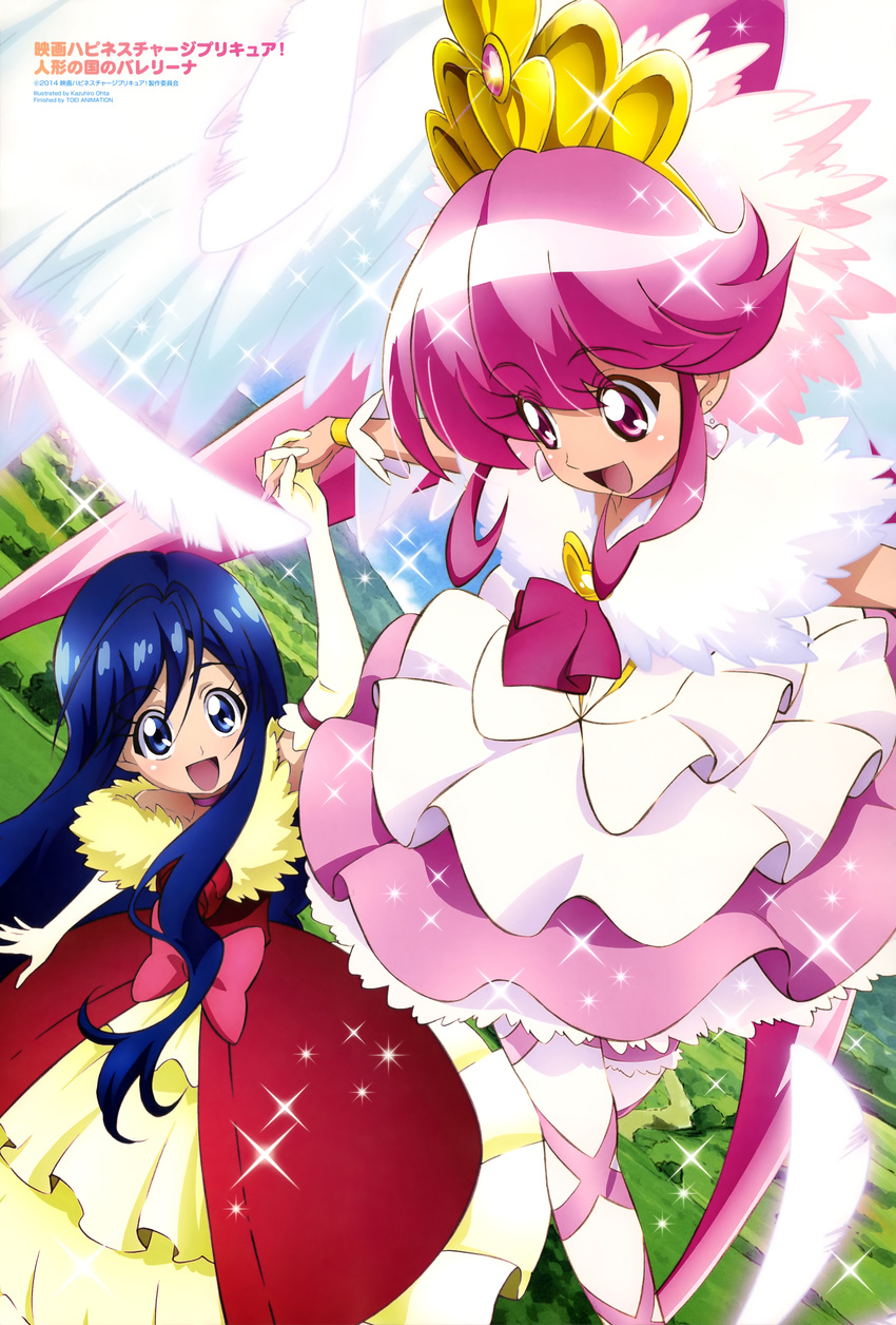 2girls absurdres aino_megumi blue_eyes blue_hair brooch cure_lovely elbow_gloves feathers gloves happinesscharge_precure! heart heart_brooch highres imageboard_desourced jewelry long_hair multiple_girls non-web_source official_art oota_kazuhiro open_mouth pink_eyes pink_hair precure super_happiness_lovely thighhighs tsumugi_(happinesscharge_precure!) wings