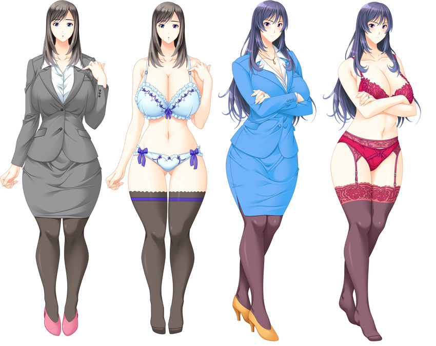 2girls blue_eyes blush bra breasts brown_hair cleavage curvy formal full_body game_cg highres hip_focus huge_breasts kagurazaka_yui kyonyuu_hitozuma_onna_kyoushi_saimin lingerie long_hair looking_at_viewer multiple_girls office_lady panties pencil_skirt purple_eyes purple_hair shirt simple_background skirt skirt_suit skyhouse standing suit teacher thighhighs tsukishima_kyoko underwear underwear_only variations white_background wide_hips