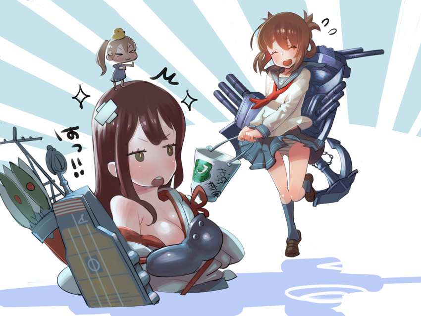 12_(xaenedju) 3girls akagi_(kancolle) bird blush breasts brown_eyes brown_hair bucket chick commentary_request folded_ponytail hiyoko_(kancolle) inazuma_(kancolle) japanese_clothes kantai_collection large_breasts long_hair multiple_girls muneate partially_submerged rashinban_musume school_uniform serafuku short_hair skirt water