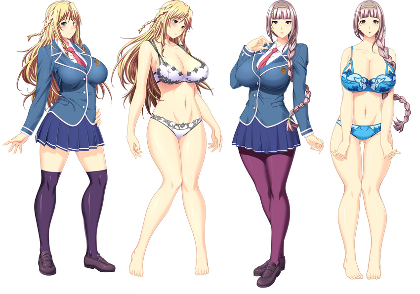 2girls blonde_hair blue_eyes blunt_bangs bra braid breasts empty_eyes formal game_cg hair_over_shoulder highres huge_breasts kisshouji_arisa kuga_yuriko_(kyonyuu_reijou_mc_gakuen) kyonyuu_reijou_mc_gakuen lingerie long_hair multiple_girls multiple_views necktie panties pantyhose pleated_skirt quad_braids school_uniform shirt side_braid single_braid skirt skyhouse smile socks suit thighhighs underwear underwear_only