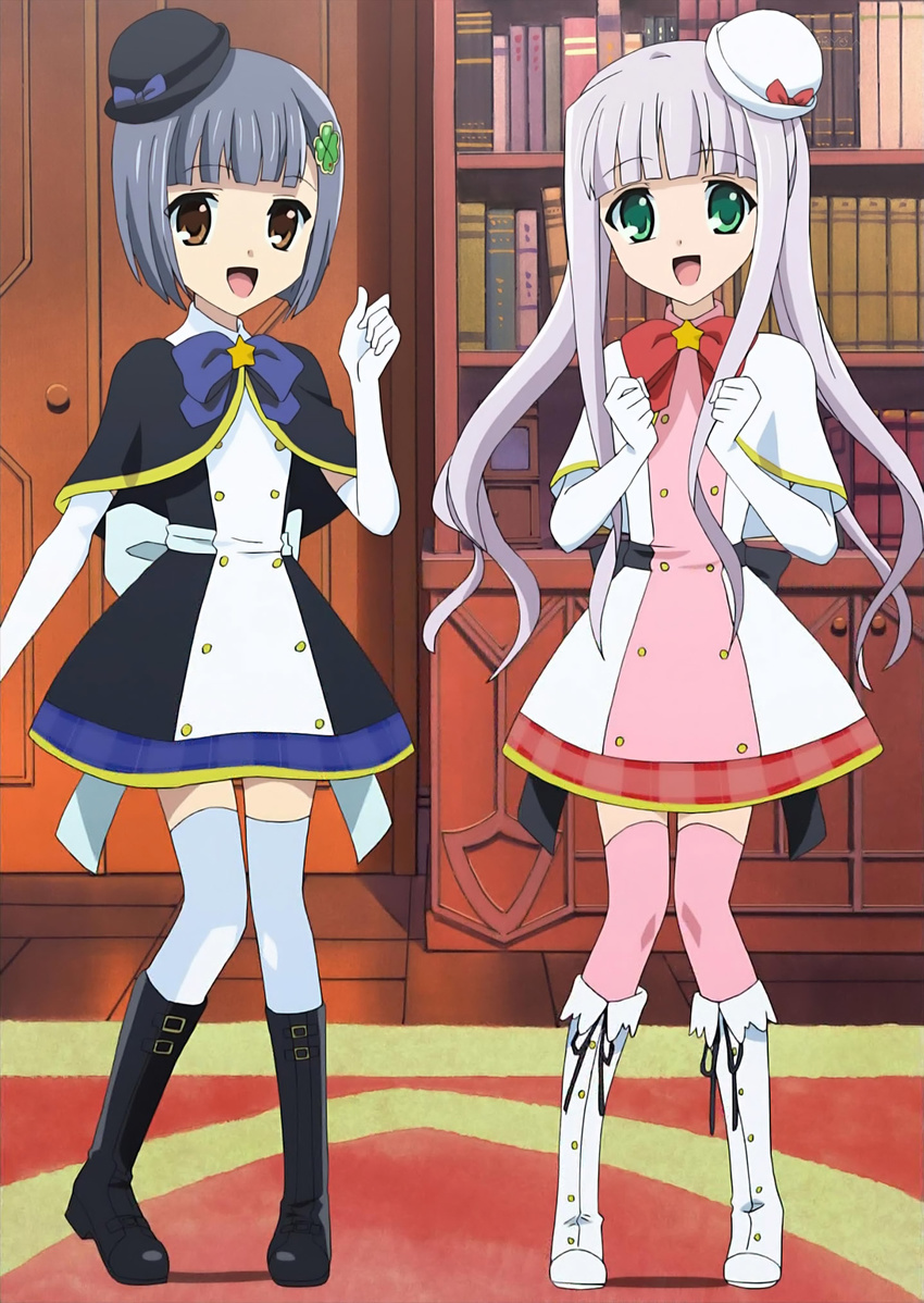 2girls anime_screenshot black_hair boots brown_eyes detective futari_wa_milky_holmes green_eyes hat highres long_hair multiple_girls myoujingawa_alice purple_hair short_hair tantei_opera_milky_holmes thighhighs tokiwa_kazumi