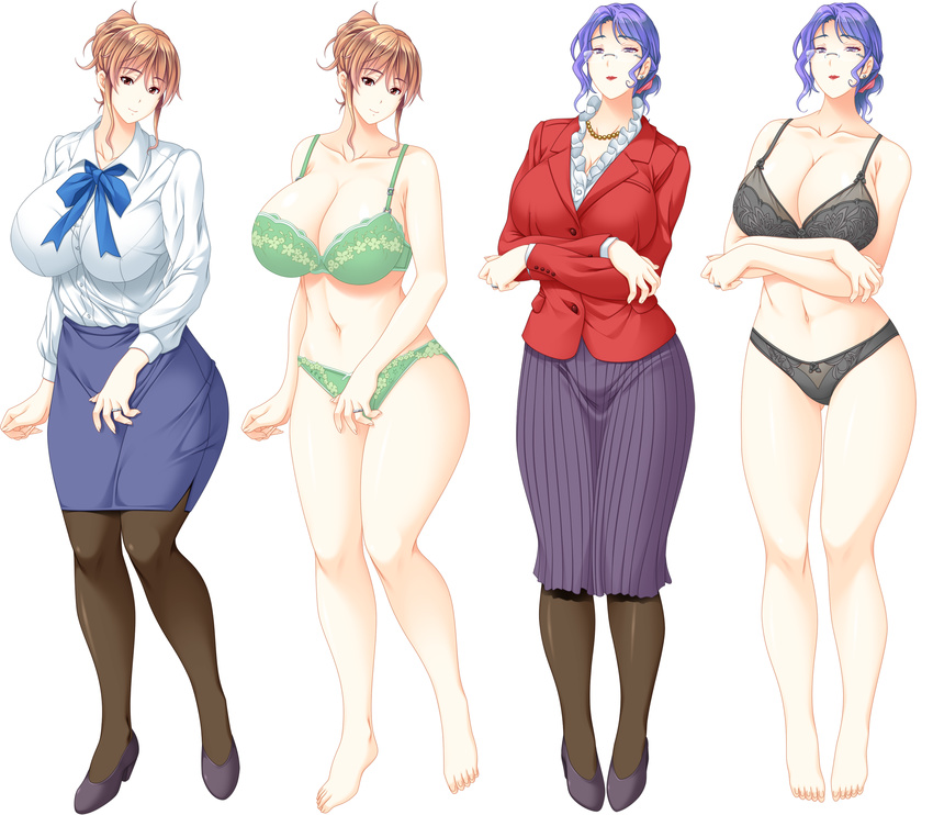 2girls bad_feet blue_hair bra breasts brown_eyes brown_hair cleavage curvy daimon_naoko formal full_body game_cg glasses highres huge_breasts kyonyuu_hitozuma_onna_kyoushi_saimin lingerie looking_at_viewer mature_female multiple_girls office_lady panties pantyhose pencil_skirt principal purple_eyes ribbon shirakawa_miwa shirt simple_background skirt skirt_suit skyhouse smile standing suit teacher underwear underwear_only variations white_background wide_hips