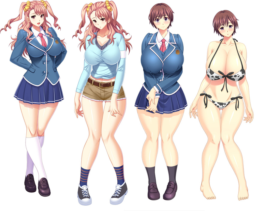 2girls animal_print barefoot belt bra breasts brown_hair covered_nipples cow_print empty_eyes formal fukunaga_koharu full_body game_cg gigantic_breasts gyaru hair_ornament hair_scrunchie highres huge_breasts kamiizumi_rio kogal kyonyuu_reijou_mc_gakuen large_breasts lingerie loafers long_hair mind_control multiple_girls navel necktie panties photoshop_(medium) pink_hair pleated_skirt school_uniform scrunchie shirt shoes short_hair shorts simple_background skirt skyhouse sneakers socks suit tennis thighhighs twintails underwear underwear_only white_background