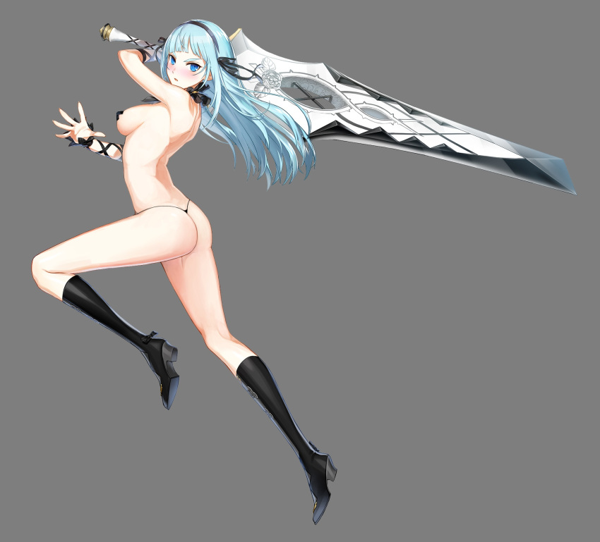 >:o :o arched_back areola_slip areolae arm_ribbon ass bad_id bangs black_footwear blue_eyes blue_hair blush boots breasts choker closers copyright_name english female fingernails floating_hair flower from_side full_body hair_ribbon hairband happening18 highres holding holding_sword holding_weapon huge_weapon leg_up long_hair looking_at_viewer matching_hair/eyes medium_breasts open_hand palms revealing_clothes ribbon rose shiny shiny_hair shoe_soles sideboob solo spread_fingers sword thong thong_panties violet_(closers) weapon wrist_cuffs