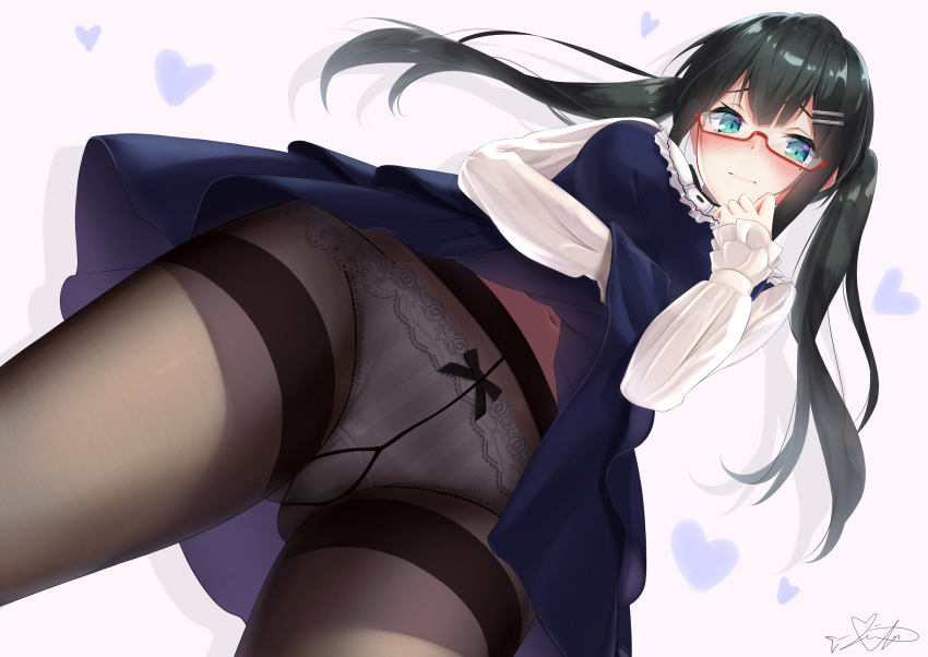 3: absurdres aqua_eyes bad_id bad_twitter_id black_hair black_pantyhose blush bow bow_panties breasts closed_mouth clothes_lift commentary_request crotch_seam dress embarrassed extended_upskirt female from_below glasses gusset hair_between_eyes hair_ornament hairclip heart highres legs_apart lifting_own_clothes long_hair long_sleeves looking_at_viewer medium_breasts mirea mole mole_under_eye navel original panties panties_under_pantyhose pantyhose pleated_skirt red-framed_eyewear semi-rimless_eyewear shadow signature simple_background skirt skirt_lift solo striped_clothes striped_panties thighband_pantyhose twintails under-rim_eyewear underwear upskirt vertical-striped_clothes vertical-striped_panties white_panties