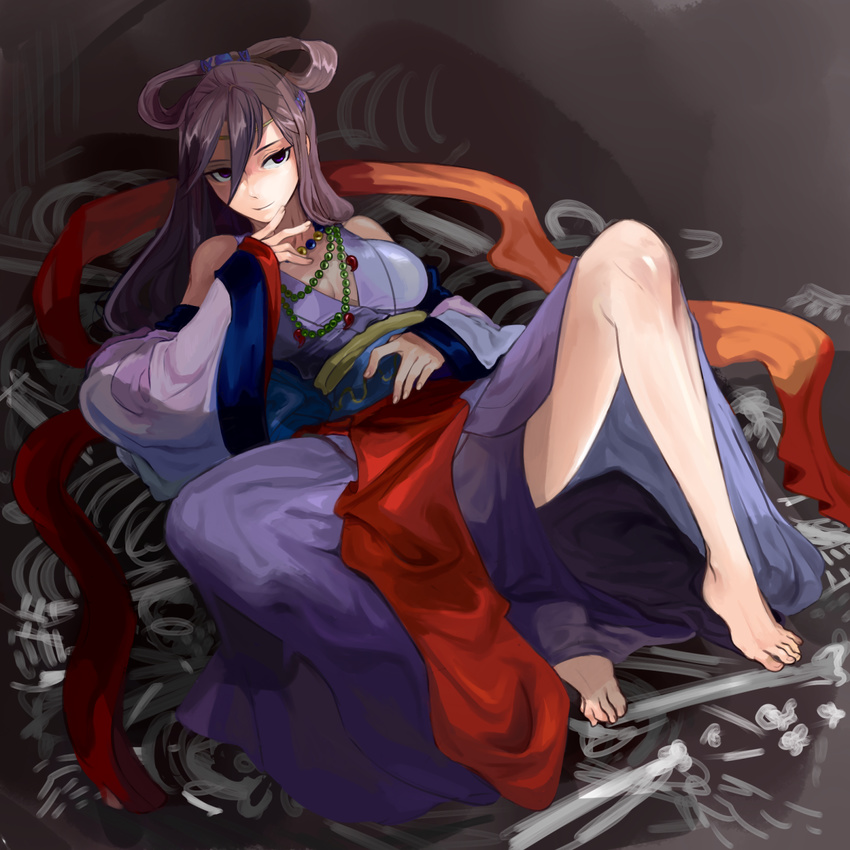 bad_id bad_pixiv_id barefoot breasts brown_hair feet female highres izanami_(p&d) japanese_clothes jewelry kachina kimono lying medium_breasts necklace on_back purple_eyes puzzle_&_dragons solo spread_legs