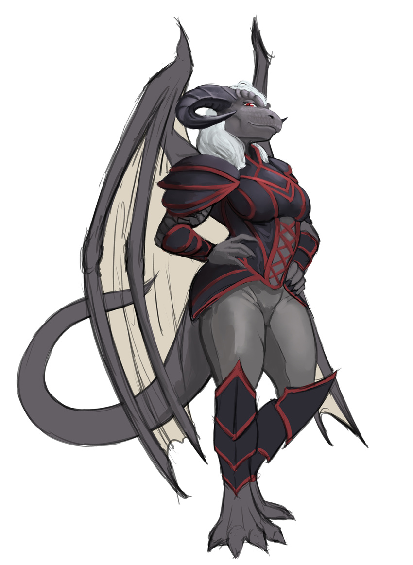 2017 anthro armor barefoot biped breasts clothed clothing demon dragon feet female grey_body grey_horn grey_scales hair hand_on_hip hattonslayden hi_res horn hybrid long_hair looking_at_viewer membrane_(anatomy) membranous_wings mythological_creature mythological_scalie mythology non-mammal_breasts red_eyes scales scalie simple_background smile solo tail white_background white_hair wings