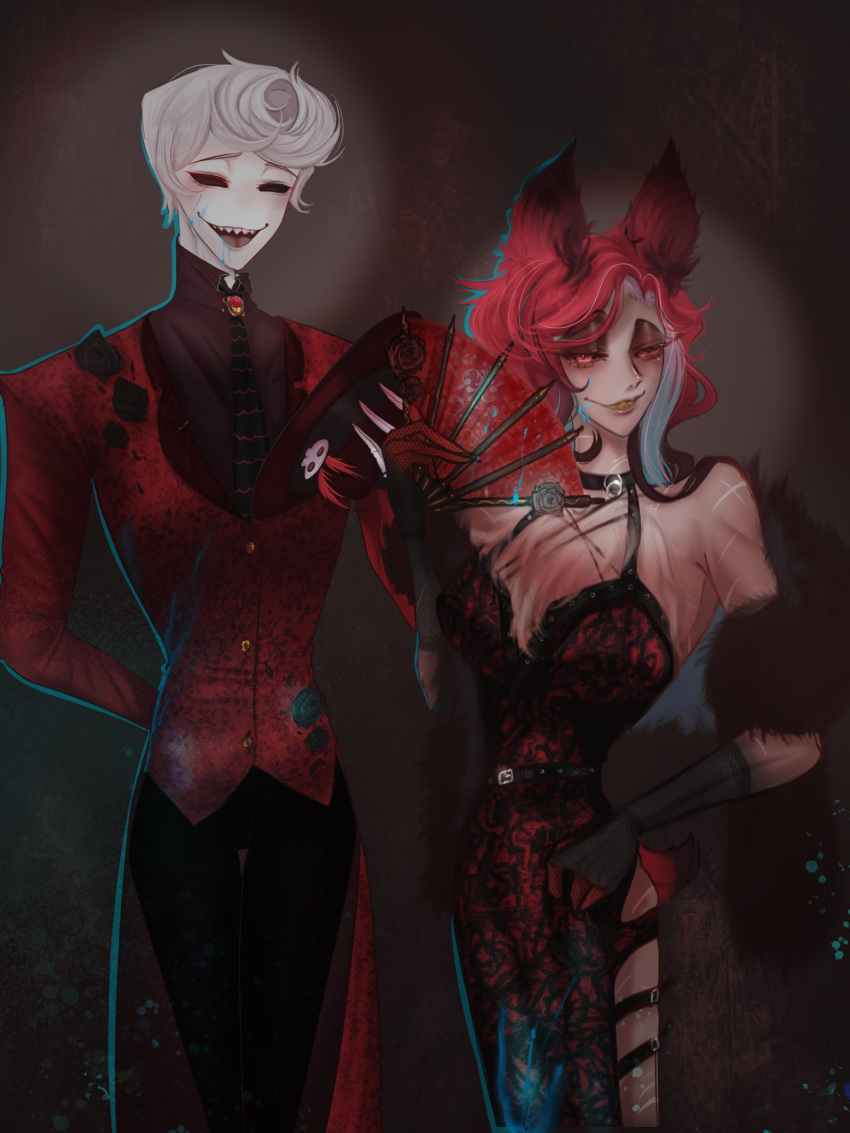 accessory alastor_(hazbin_hotel) black_eyes bottomwear bow_tie clothing deer deer_ears demon dress duo female flower hair hand_fan hands_behind_back hat hazbin_hotel headgear headwear hi_res humanoid iris1906 male mammal pants plant red_eyes red_hair rose_(flower) rosie_(hazbin_hotel) rule_63 scar smile suit white_hair