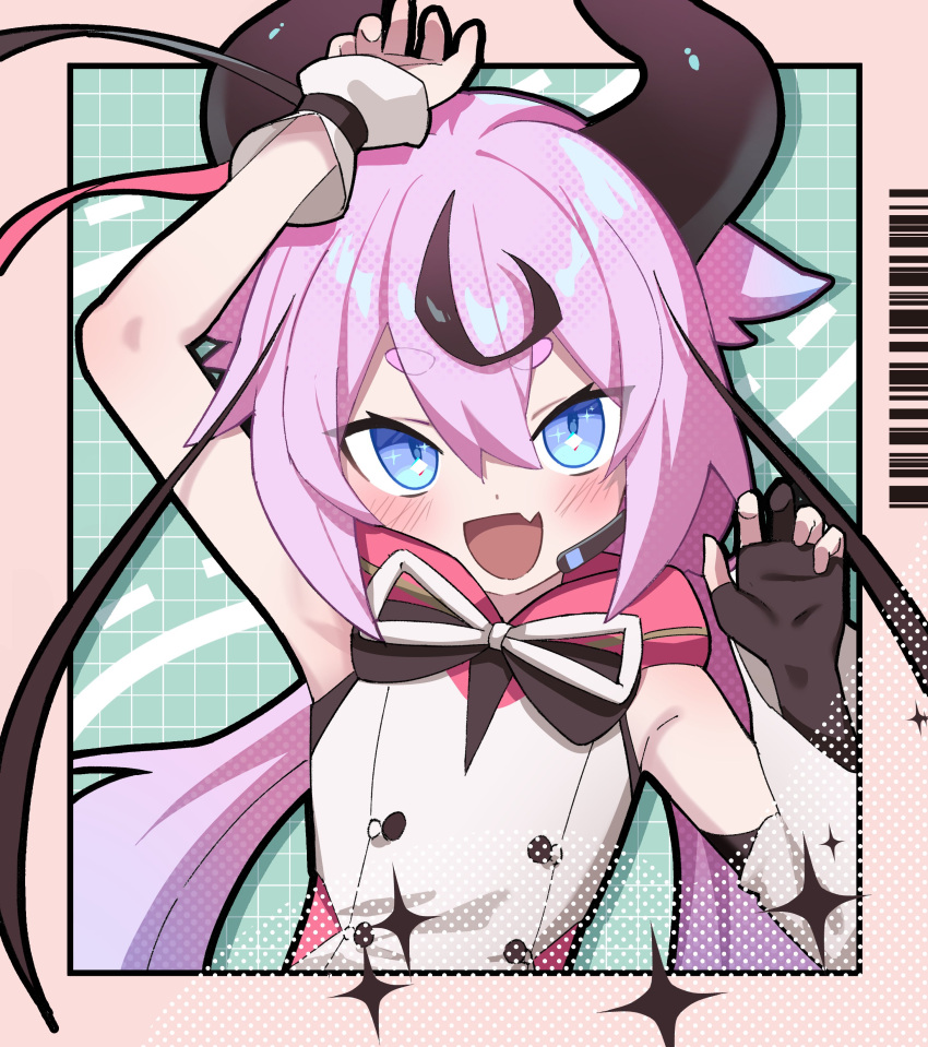 1other absurdres arm_up black_gloves blue_eyes blush border detached_sleeves gloves green_background grid_background hair_flaps hand_up highres hikimayu horns long_hair looking_at_viewer low_twintails meika_hime mishio_(misio_40) multicolored_hair oerba_yun_fang open_mouth outside_border partially_fingerless_gloves pink_border pink_hair shirt single_detached_sleeve single_glove single_wrist_cuff skin_fang sleeveless sleeveless_shirt smile solo sparkle sparkling_eyes streaked_hair twintails upper_body vocaloid white_shirt wrist_cuffs