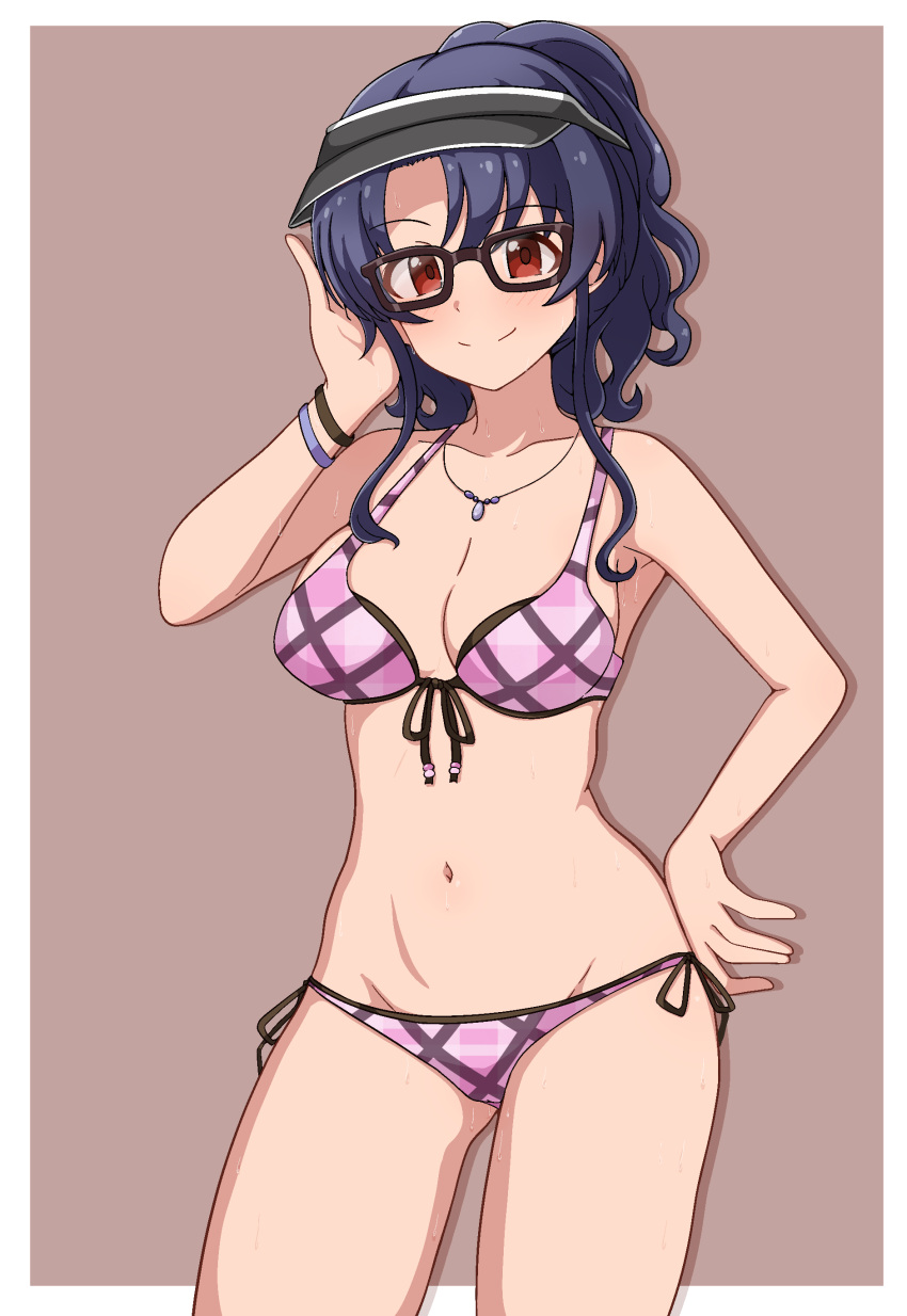 absurdres adjusting_eyewear bikini black-framed_eyewear black_hair border breasts cleft_of_venus closed_mouth female glasses highres idolmaster idolmaster_million_live! idolmaster_million_live!_theater_days jewelry long_hair looking_at_viewer medium_breasts milliani navel necklace official_alternate_hairstyle pink_bikini plaid_bikini plaid_clothes ponytail red_eyes smile solo swimsuit takayama_sayoko visor_cap white_border