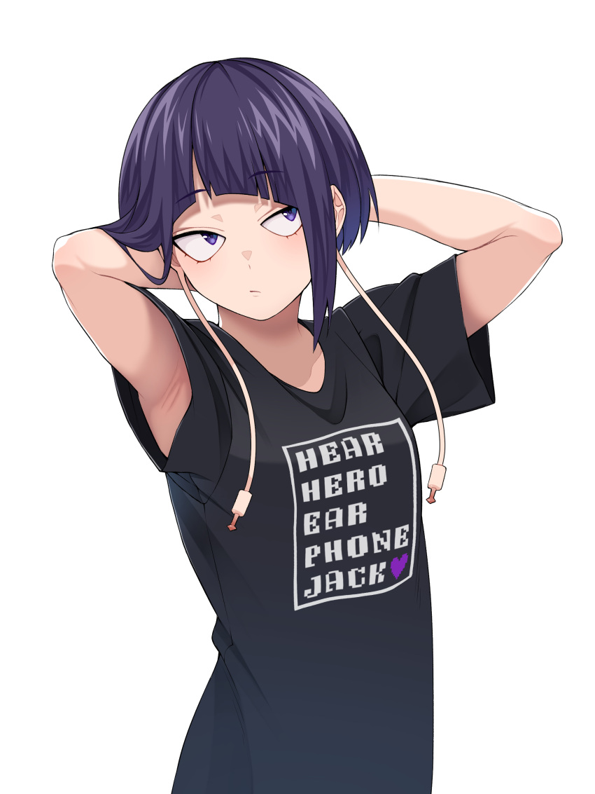 absurdres armpits arms_up audio_jack black_shirt boku_no_hero_academia female highres jirou_kyouka kobaji long_earlobes purple_eyes purple_hair shirt short_hair simple_background solo t-shirt white_background