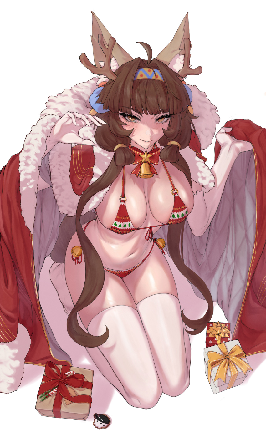 absurdres ahoge animal_ear_fluff animal_ears antlers artist_logo bell bikini blush bow bowtie box breasts brown_eyes brown_hair cleavage commentary elbow_gloves fake_antlers female fox_ears gift gift_box gloves guardian_tales headband highres horns innuit_girl_coco large_breasts long_hair looking_at_viewer navel neck_bell parted_lips print_bikini red_bikini red_bow red_bowtie simple_background solo star_(symbol) swimsuit thighhighs thighs white_background white_gloves white_thighhighs xize9247