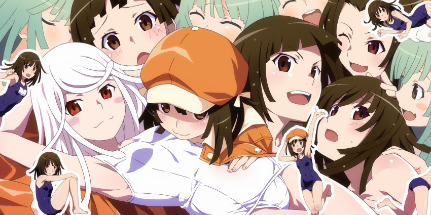 :3 bare_shoulders blue_one-piece_swimsuit blush_stickers breasts brown_eyes brown_hair cabbie_hat female gesugesu_ahoaho green_hair hat highres jacket medium_hair monogatari_(series) multiple_views one-piece_swimsuit one_eye_closed open_mouth red_eyes school_swimsuit sengoku_nadeko small_breasts smile snake_hair swimsuit white_hair white_one-piece_swimsuit