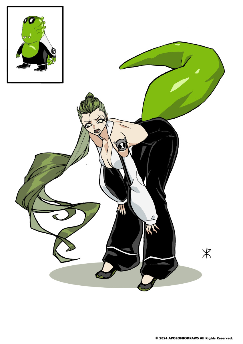 absurdres alien apoloniodraws baggy_pants ben_10 bending black_lips black_pants breasts cleavage female genderswap_(mtf) green_hair green_tail highres long_hair omnitrix pants ponytail rule_63 scar scar_on_face sharp_teeth teeth upchuck white_eyes