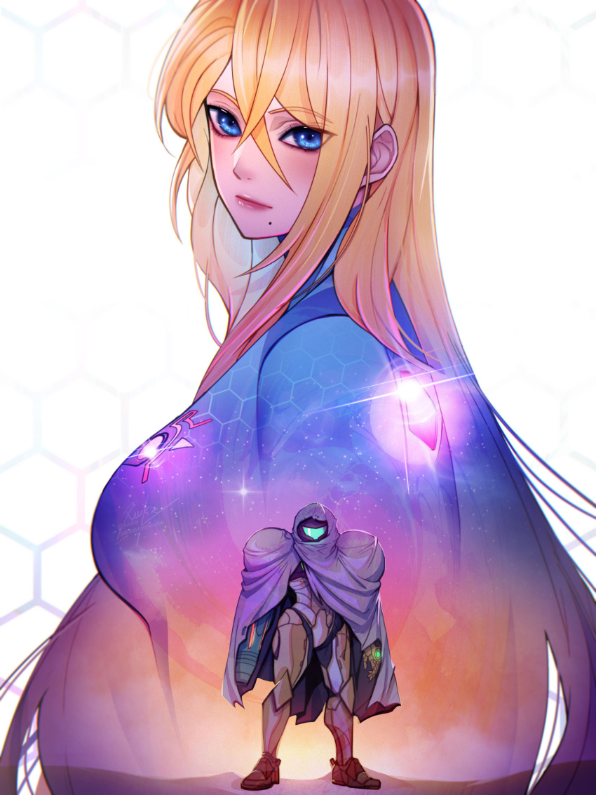 absurdres arm_cannon blonde_hair blue_bodysuit bodysuit dual_persona female glowing highres honeycomb_(pattern) honeycomb_background long_hair looking_at_viewer metroid mole mole_under_mouth power_suit samus_aran sky solo standing star_(sky) starry_sky varia_suit very_long_hair weapon xuuikie_ashe zero_suit