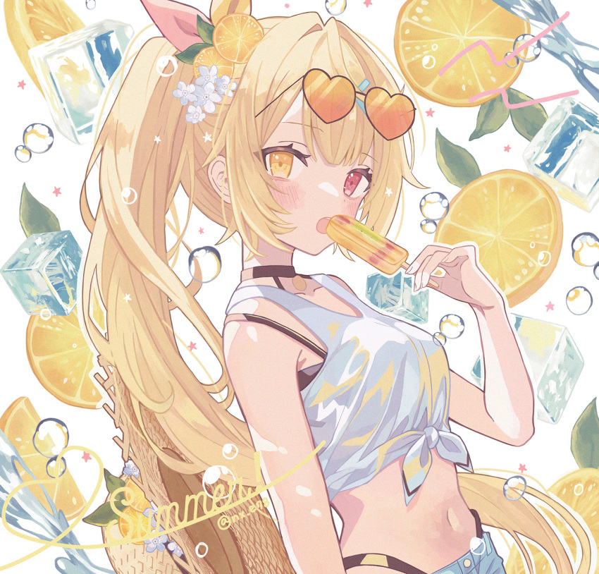 bare_shoulders blonde_hair blush bra_strap bubble commentary_request eyewear_on_head female food food-themed_hair_ornament from_side fruit fruit_popsicle hair_ornament heart heart-shaped_eyewear heterochromia highres holding holding_food holding_popsicle hoshikawa_sara hoshikawa_sara_(1st_costume) ice ice_cube long_hair looking_at_viewer midriff navel nijisanji open_mouth orange_(fruit) orange_hair_ornament popsicle red_eyes shirt side_ponytail sideways_glance solo stomach sunglasses tank_top tied_shirt twitter_username upper_body very_long_hair virtual_youtuber white_tank_top yellow_eyes yuzuriha_(nx_e78)