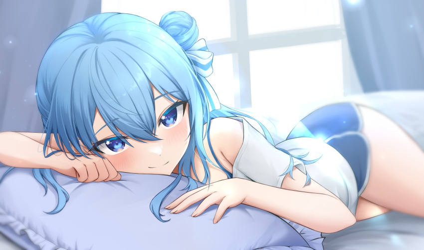 blue_eyes blue_hair blue_shorts blush closed_mouth colored_eyelashes commentary eyelashes female frilled_pillow frills hair_between_eyes hair_ribbon highres hololive hoshimachi_suisei indoors light_rays long_hair looking_at_viewer lying off_shoulder on_bed on_stomach pajamas panzer87631631 pillow pov_across_bed ribbon shirt shorts smile solo star_(symbol) star_in_eye symbol_in_eye virtual_youtuber white_shirt window