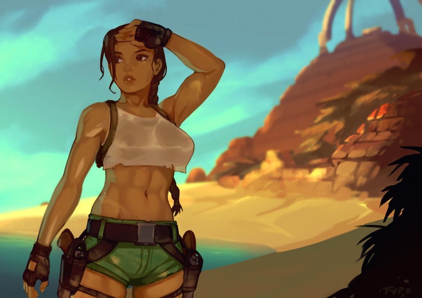 1girls abs areolae backpack bag belt breasts clothing female female_only firearm fit fit_female gun handgun handwear human lara_croft lara_croft_(classic) legwear nipples optionaltypo outdoors pale_skin solo thigh_squish tomb_raider weapon